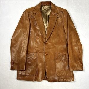 Vintage 70s Stetson Western Leather Blazer Jacket Embroidered Sz 42L